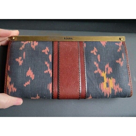 Rare Fossil Leather & Canvas Wallet For Women Southwest Floral - Picture 1 of 7
